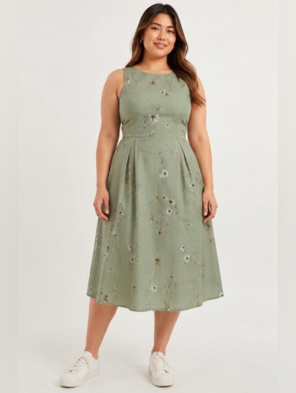 NWT Reitmans Sleeveless Fit & Flare Cotton Midi Dress Sage Green Floral XXL